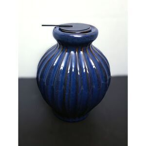Art Pottery Style Rustic Blue Glazed Pleated Ceramic Vase Style Candleholder